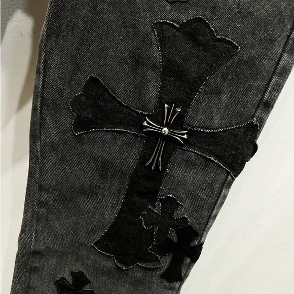 Chrome Hearts Dark Gray Jeans with Black Crosses